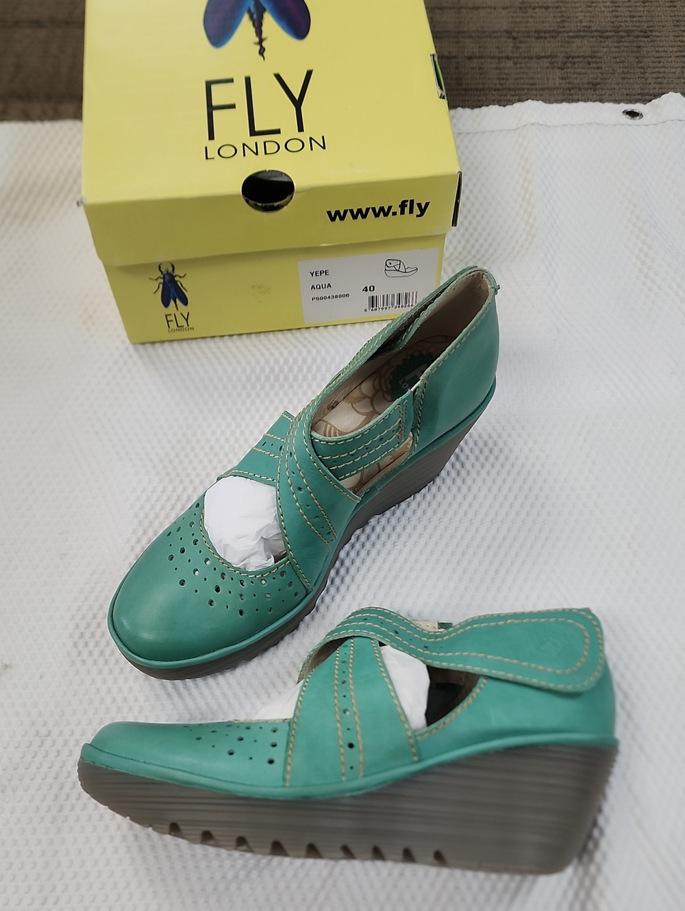 Fly London Aqua Leather Wedge Mary Jane Shoes
